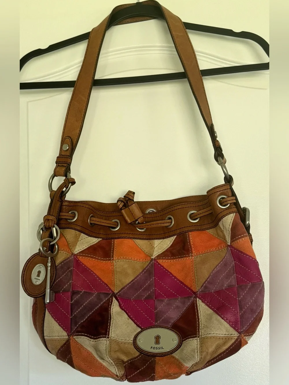 Fossil Patchwork Leather Canvas Shoulder Bag Boho Purse - Picture 1 of 13